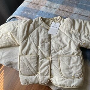 Zara Kids Cream Quilted water repellent Jacket with flowers embroidered
